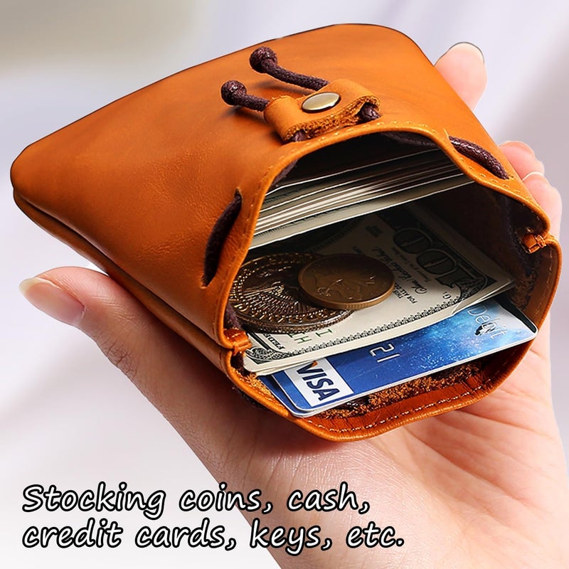 XQIGI Genuine Leather Drawstring Pouch, Medieval Coin Purse Organizer Portable Change Holder, Small Multipurpose ​Medicine Tobacco Waist Bag Yellow - Image 2